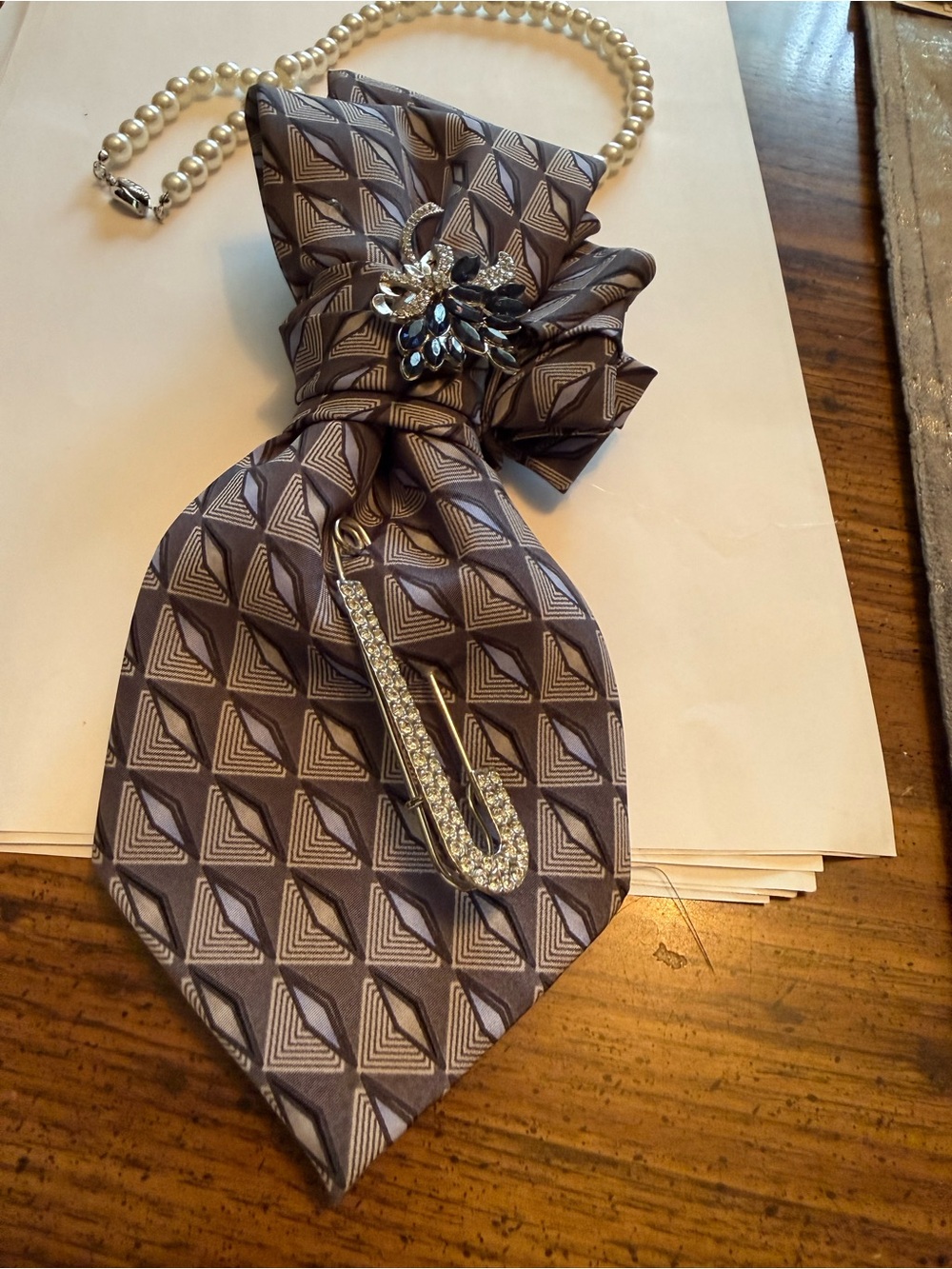 Elegant Gray Patterned Fabric Pendant Necklace with Crystal Accents